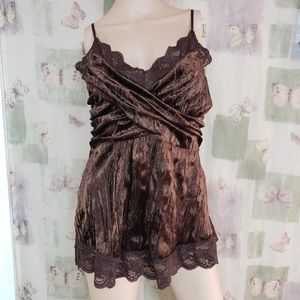 Brown velour spaghetti strap crinkle fabric tank top